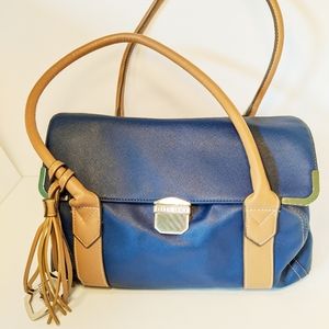 -Ellen Tracy Blue/Brown Vegan Leather Satch…